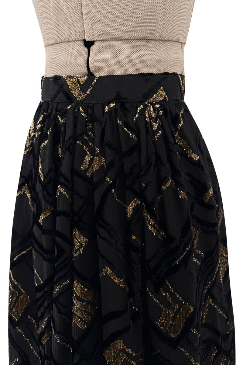 Fantastic 1970s Adolfo Black SIlk Chiffon Velvet & Gold Eyelash Detailed Skirt