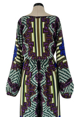 Late 1970s James Galanos Silk Chiffon Printed Jumpsuit w Wide Legs & Plunge Front