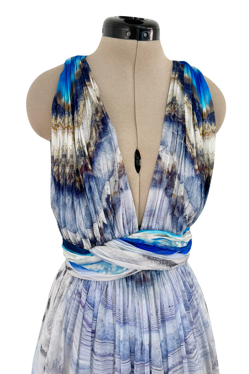 Amazing 2009-2010 Alexander McQueen Silk Chiffon Blue Agate Print Dress w Plunge Front & Open Back