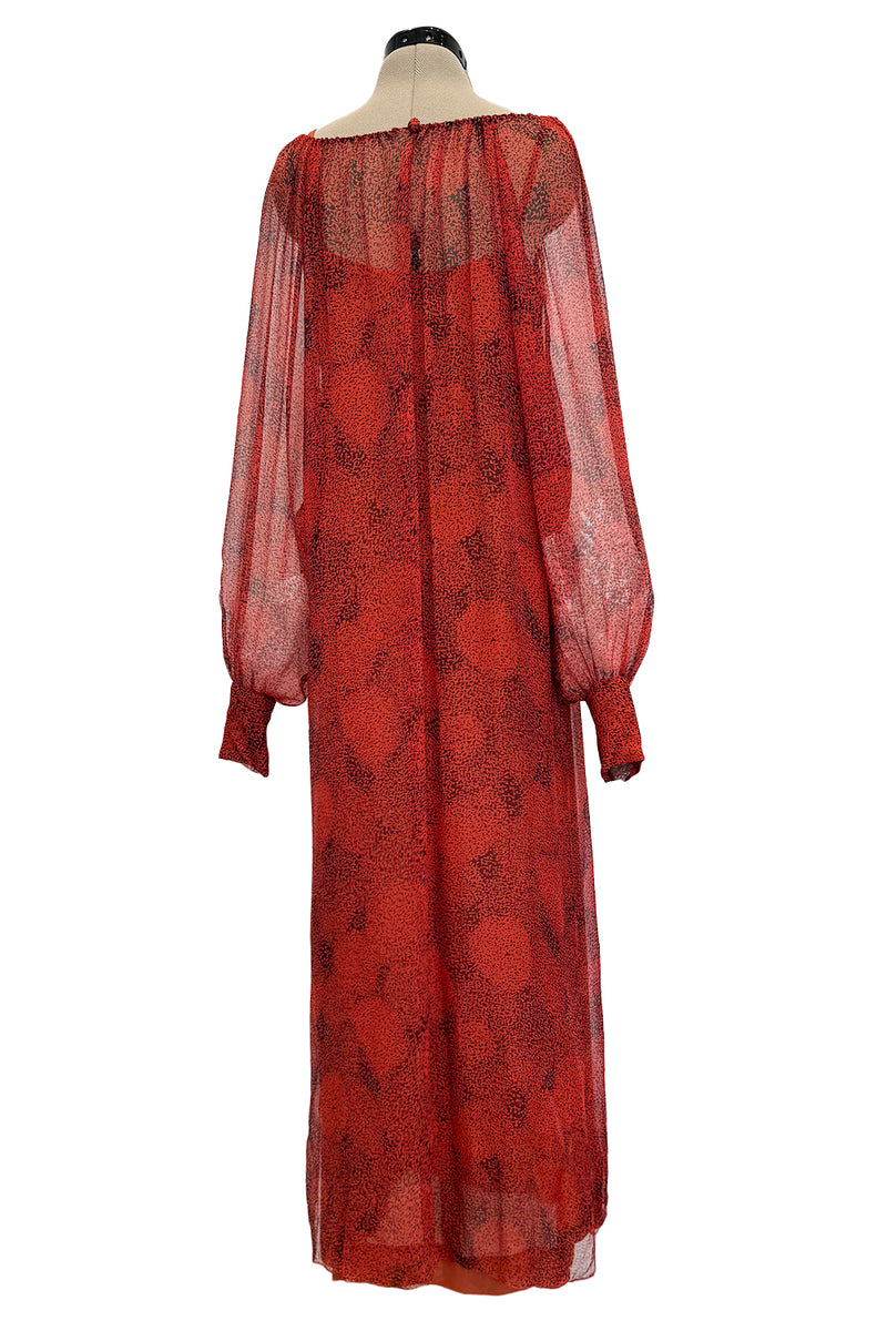 1970s Christian Dior by Marc Bohan Deep Coral Silk Chiffon Caftan Dress w Sash