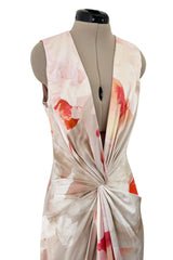 Beautiful 2010 Alexander McQueen Draped Silk Dress w Oversized Soft Floral Print & Deep Front Plunge