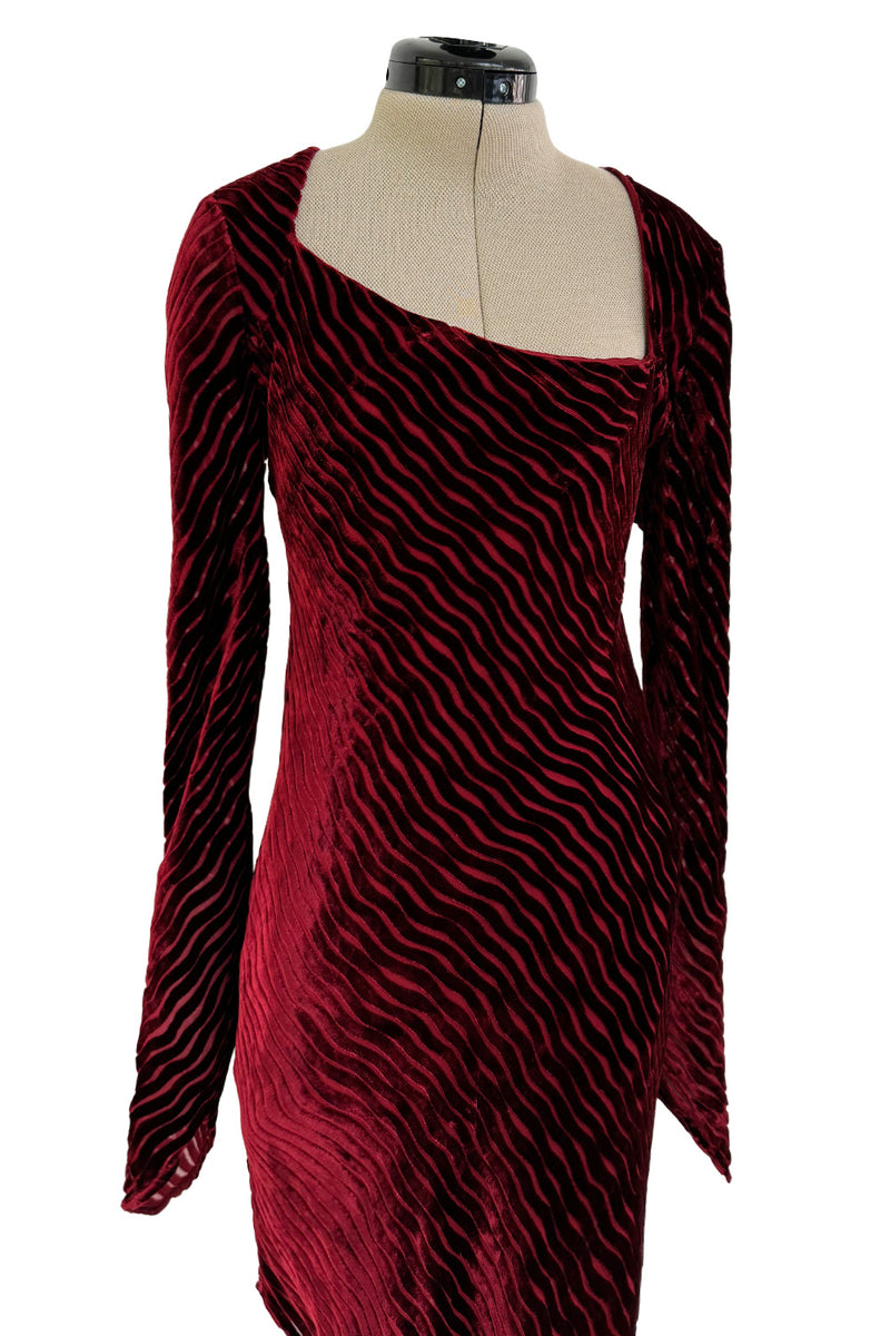 Fall 1994 Karl Lagerfeld Runway Deep Red Cut Velvet Bias Cut Dress w Angled Hem