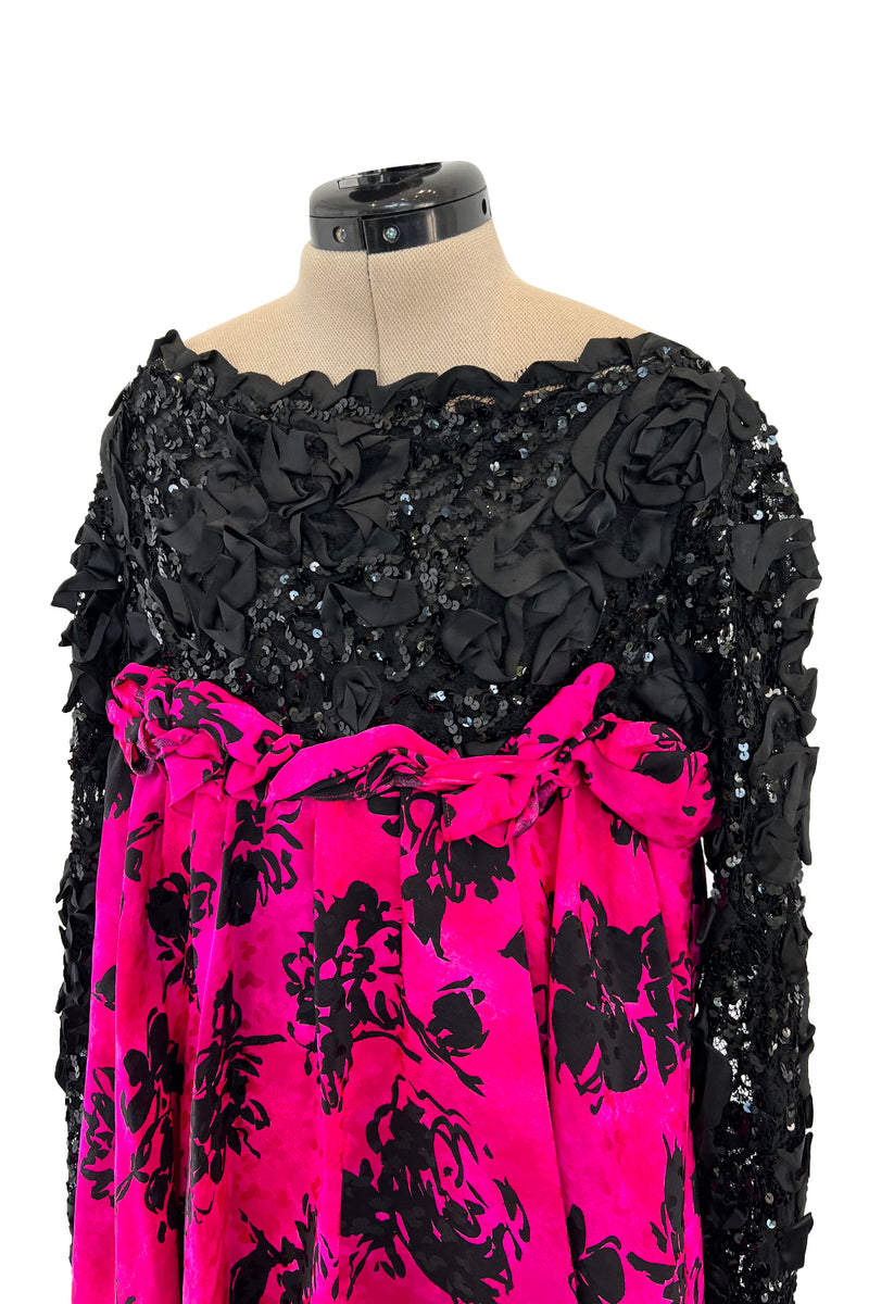 Dramatic Fall 1987 Yves Saint Laurent Runway Pink & Floral Silk Dress w Lace & Sequin Detail