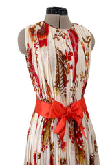 Prettiest 1980s Bill Blass Pleated Silk Chiffon Dress w Coral Flower & Fern Print