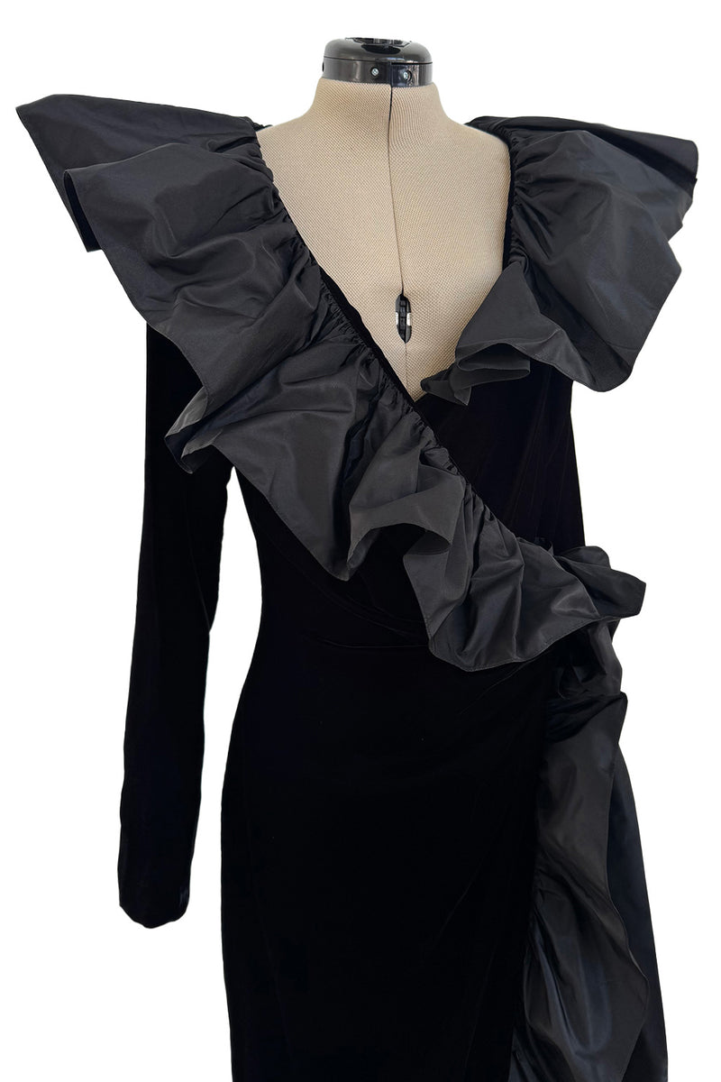 Amazing Fall 1984 Yves Saint Laurent Runway Silk Taffeta Ruffle & Velvet Wrap Dress