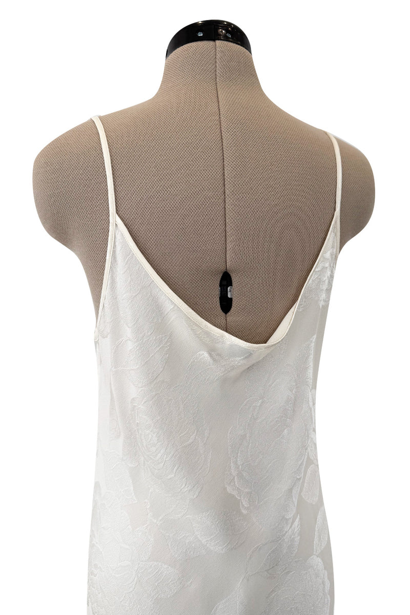 Prettiest 1990s Valentino Ivory Bias Cut Silk Lace Slip w Lace Inset & Floral Weave