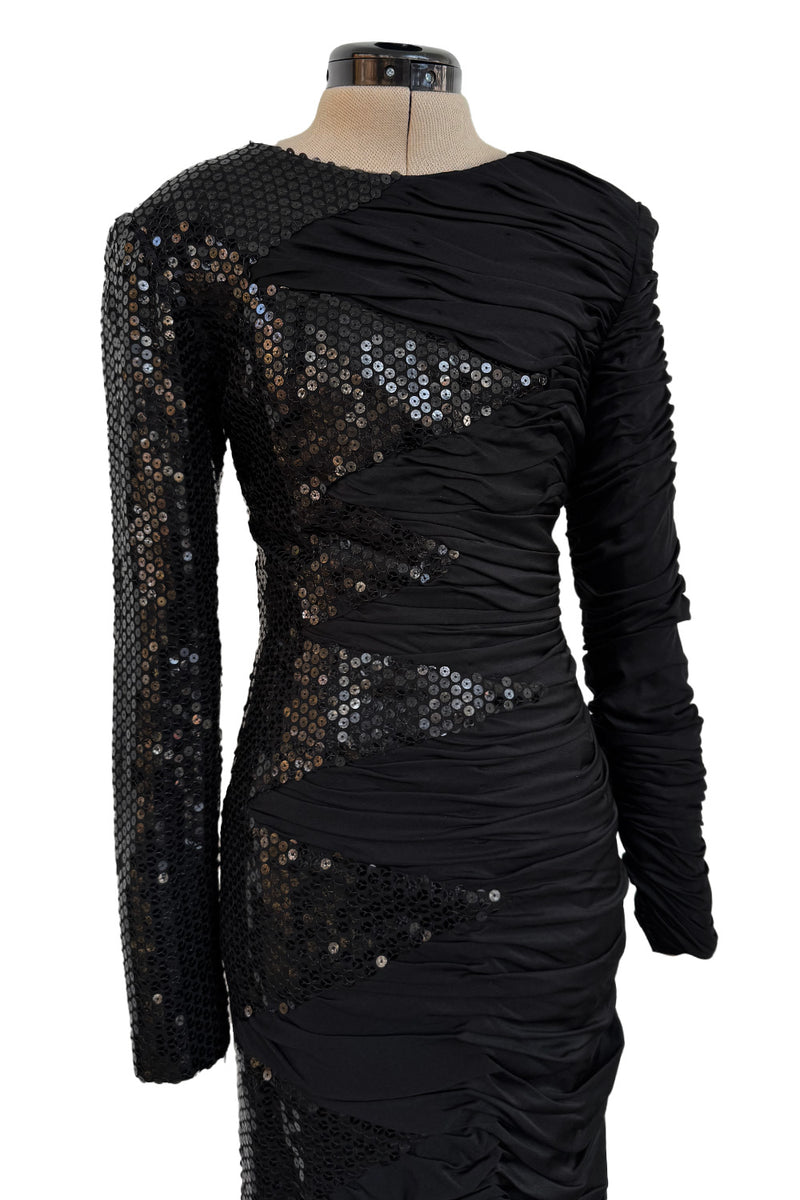 Amazing 1970s Loris Azzaro Black Sequin & Jersey Inset Dress w Low V Back