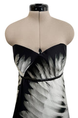 Fabulous 2007 Alexander McQueen Strapless Silk Black & Grey Tone Feather Print Dress