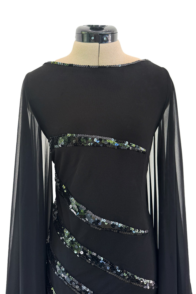 1990s Loris Azzaro Black Stretch Jersey Dress w Chiffon Angel Sleeves & Black Sequin Detailing