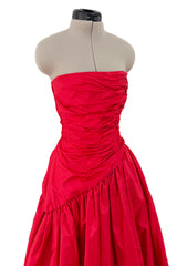 Late 1970s Unlabeled Strapless Red Silk Dress w Gathered Bodice & Full Skirt