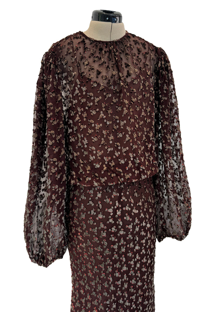 Beautiful 1980s Oscar de la Renta Metallic Fused Velvet on Silk Chiffon Dress w Balloon Sleeves