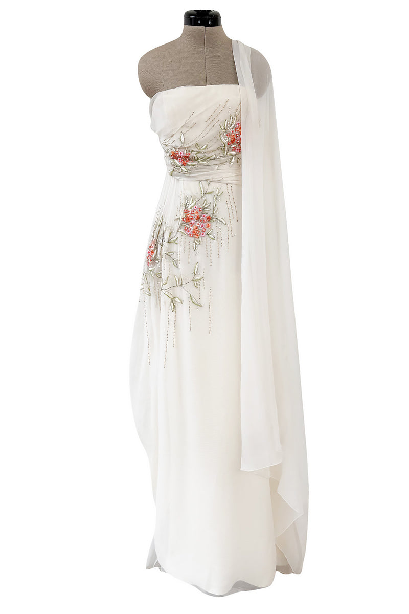 Exceptional Spring 2008 Christian Dior by John Galliano Ivory Silk Chiffon Dress w Floral Embroidery