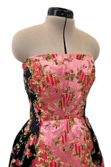 Dreamy 1960s Unlabeled Strapless Black Dress w Front Pink Panel &  Floral Embroidery