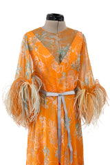 Exquisite 1960s Harry Algo printed Peach Silk Chiffon Dress w Feather Detailing