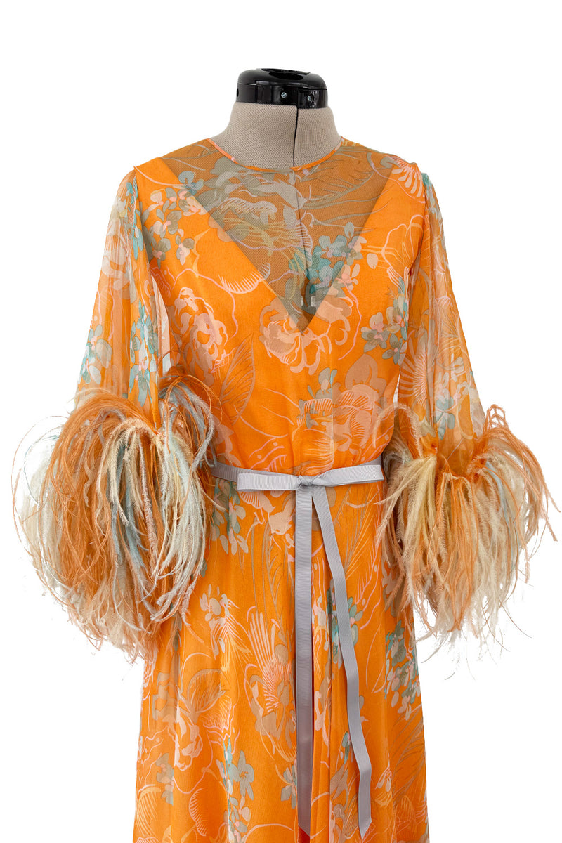 Exquisite 1960s Harry Algo printed Peach Silk Chiffon Dress w Feather Detailing