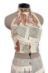 1970s Thea Porter WildLife & Text Printed Ivory Cotton Skirt & Halter Set