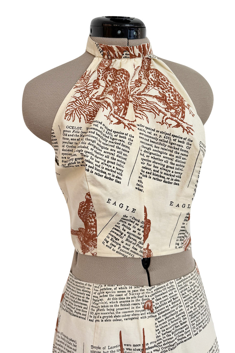 1970s Thea Porter WildLife & Text Printed Ivory Cotton Skirt & Halter Set