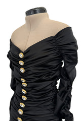 Remarkable Early 1990s Angelo Tarlazzi Black Stretch Mini Dress w Gold & Rhinestone Buttons