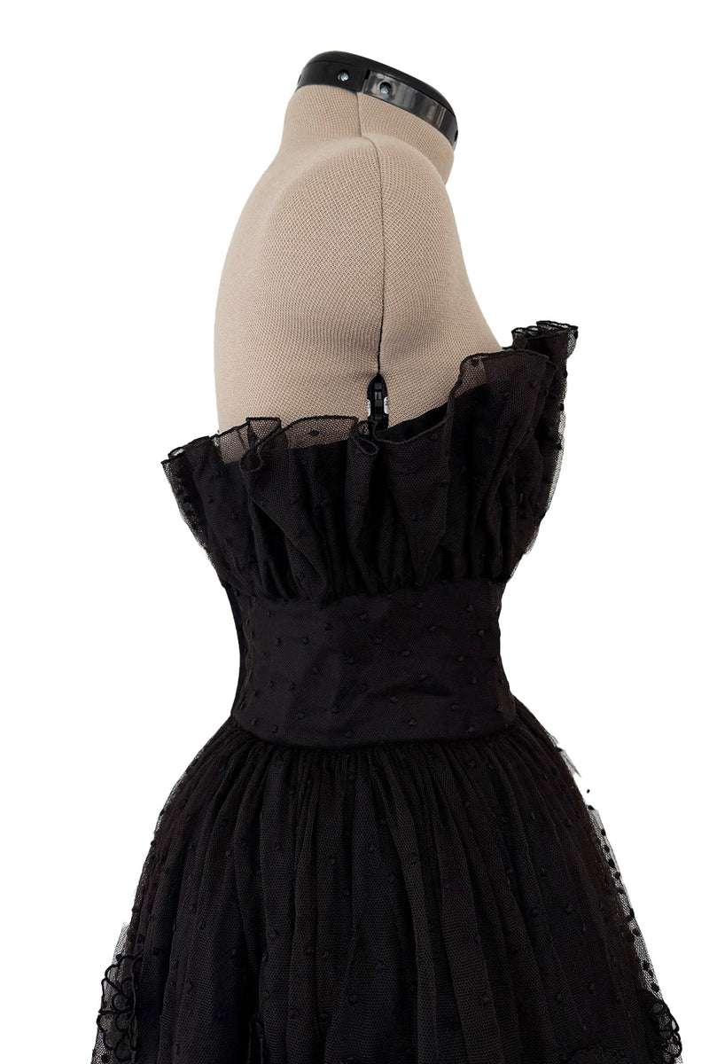 Prettiest 1960s Arnold Scaasi Black Strapless Dotted Net Dress w Flower Appliques