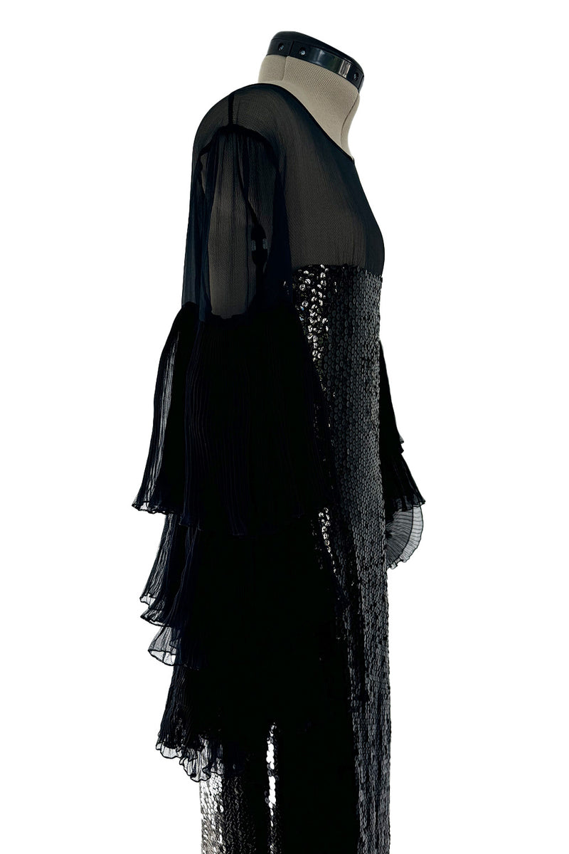 Killer 1980s Louis Feraud Black Sequin Dress w Amazing Tiered Silk Chiffon Sleeves