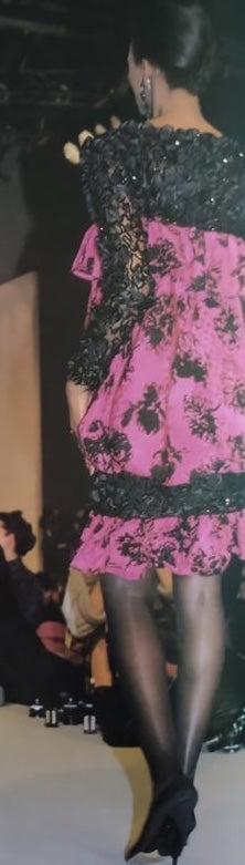 Dramatic Fall 1987 Yves Saint Laurent Runway Pink & Floral Silk Dress w Lace & Sequin Detail