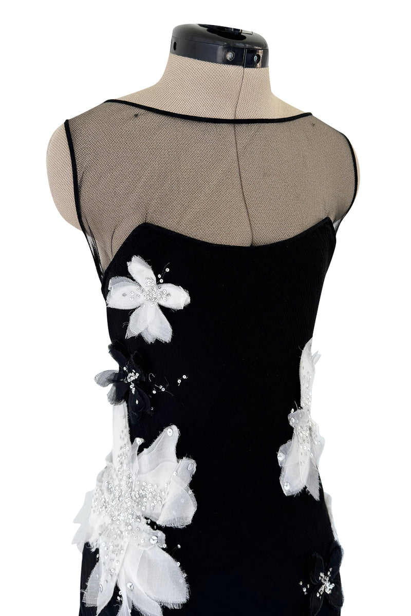 Beautiful Fall 2005 John Galliano Bias Cut Black Silk Dress w Hand Applied Silk Flowers