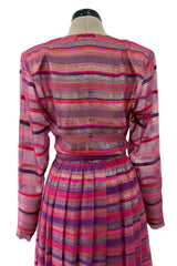 Prettiest 1980s Hanae Mori Pink Striped Silk Chiffon Dress w Metallic Gold Thread