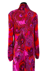 1972 La Mendola 'Paridiso' Peacock Feather Print Deep Pink Silk Jersey Dress