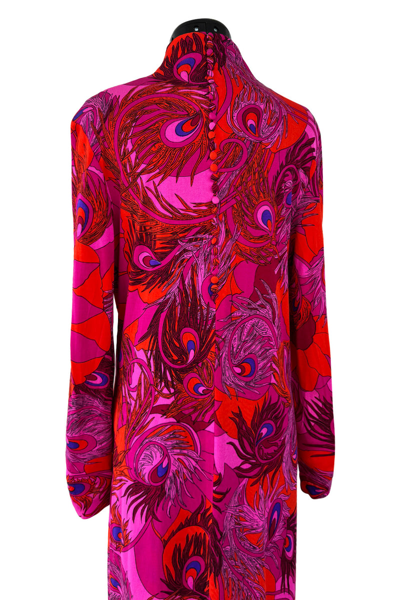 1972 La Mendola 'Paridiso' Peacock Feather Print Deep Pink Silk Jersey Dress