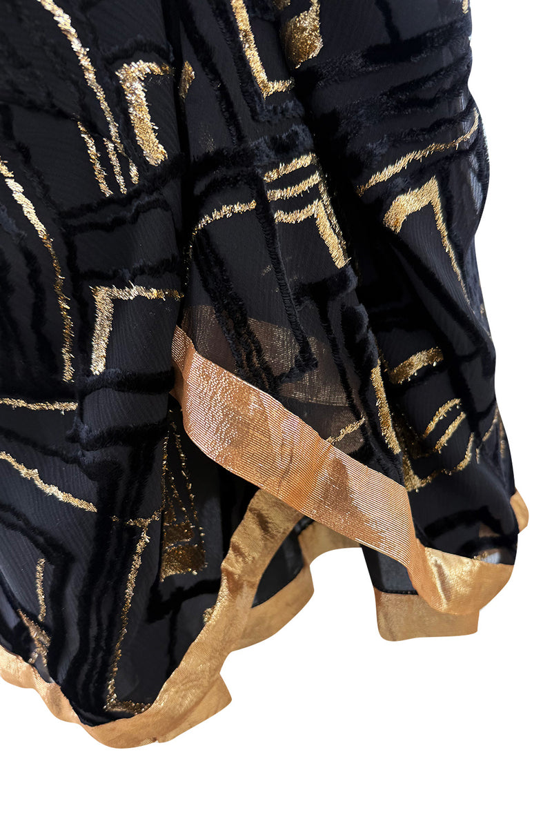 Fantastic 1970s Adolfo Black SIlk Chiffon Velvet & Gold Eyelash Detailed Skirt