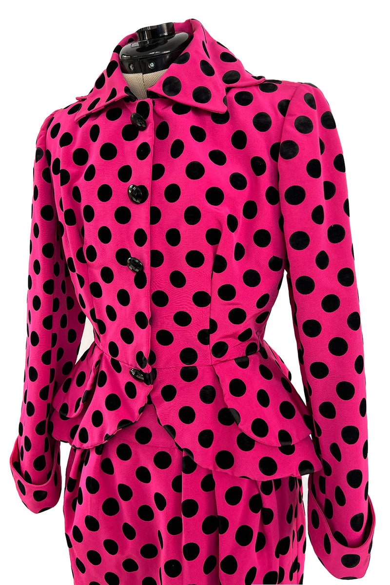 Rare 1988 Christian Lacroix Demi-Couture Luxe Pink & Black Dot Silk Suit