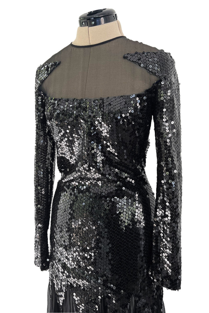 1973 Loris Azzaro Couture Black Sequin & Silk Chiffon Insets Dress w Pointed Hem