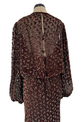 Beautiful 1980s Oscar de la Renta Metallic Fused Velvet on Silk Chiffon Dress w Balloon Sleeves