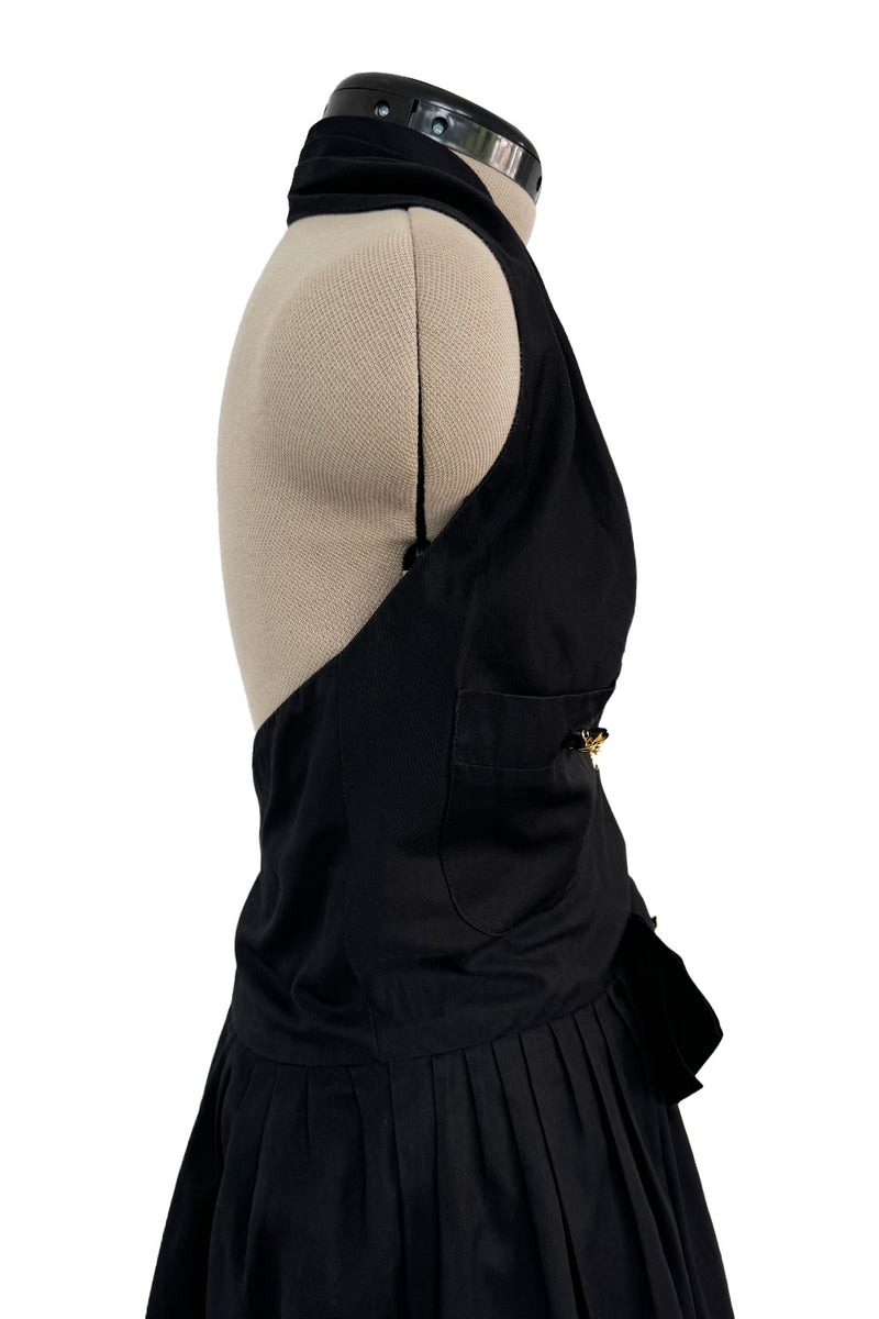 Gorgeous Little 1980s Chanel by Karl Lagerfeld Black Cotton Halter Dress w Full Skirt