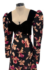 Stunning 1970s Givenchy Floral Silk Brocade Dress w Velvet Bodice & Bow