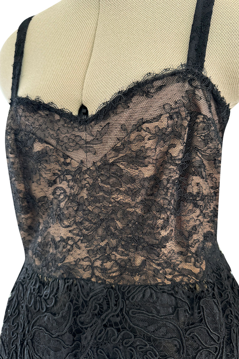 Prettiest 1960s James Galanos Couture Black French Lace & Silk Cord Dress