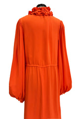 1970s James Galanos Couture Orange Silk Dress w Ruffle Neck & Balloon Sleeves