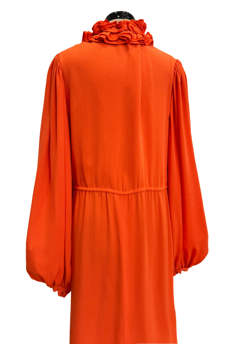 1970s James Galanos Couture Orange Silk Dress w Ruffle Neck & Balloon Sleeves