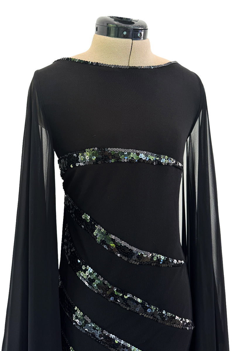 1990s Loris Azzaro Black Stretch Jersey Dress w Chiffon Angel Sleeves & Black Sequin Detailing