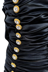 Remarkable Early 1990s Angelo Tarlazzi Black Stretch Mini Dress w Gold & Rhinestone Buttons