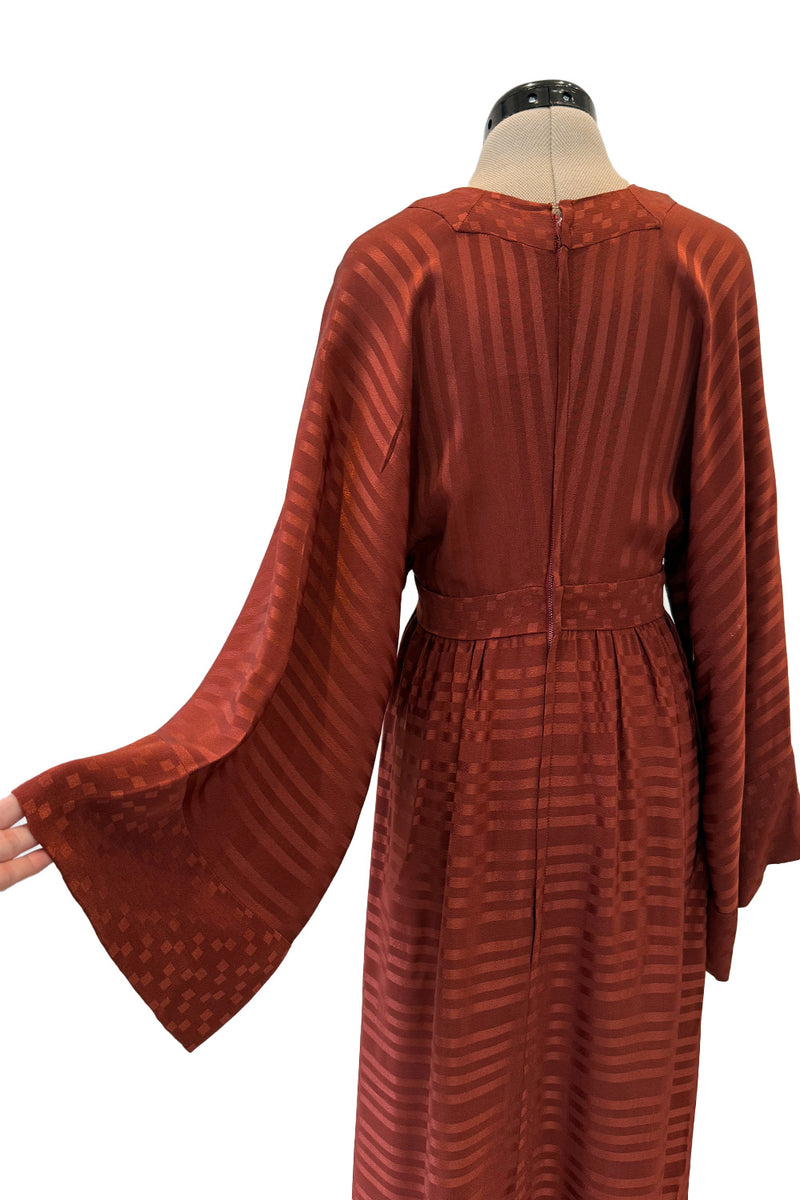 1970s Jean Varon Rust Clay Coloured Silk Wide Sleeve Dress w Plunge Front