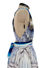 Amazing 2009-2010 Alexander McQueen Silk Chiffon Blue Agate Print Dress w Plunge Front & Open Back