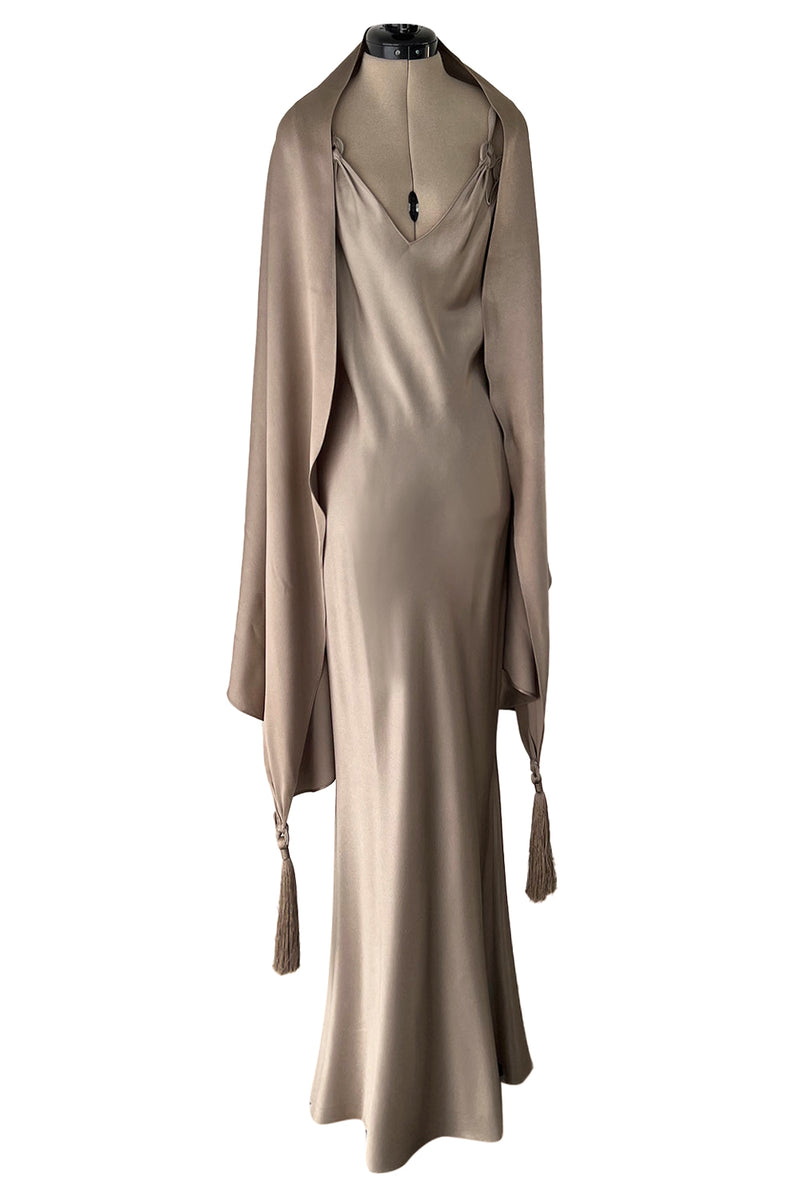 Spectacular Spring 2000 John Galliano Deep Pewter Coloured Bias Cut Silk Dress w Matching Fringed Shawl