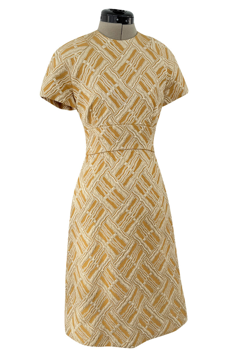 Chic 1960s Malcolm Starr by Elinor Simmons Gold Metallic Brocade Dress & Jacket Set