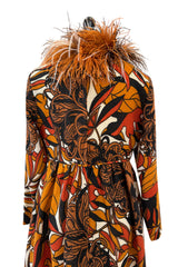 Early 1970s Bill Blass Couture Hand Beaded Lion Print Dress w Elaborate Feather Collar