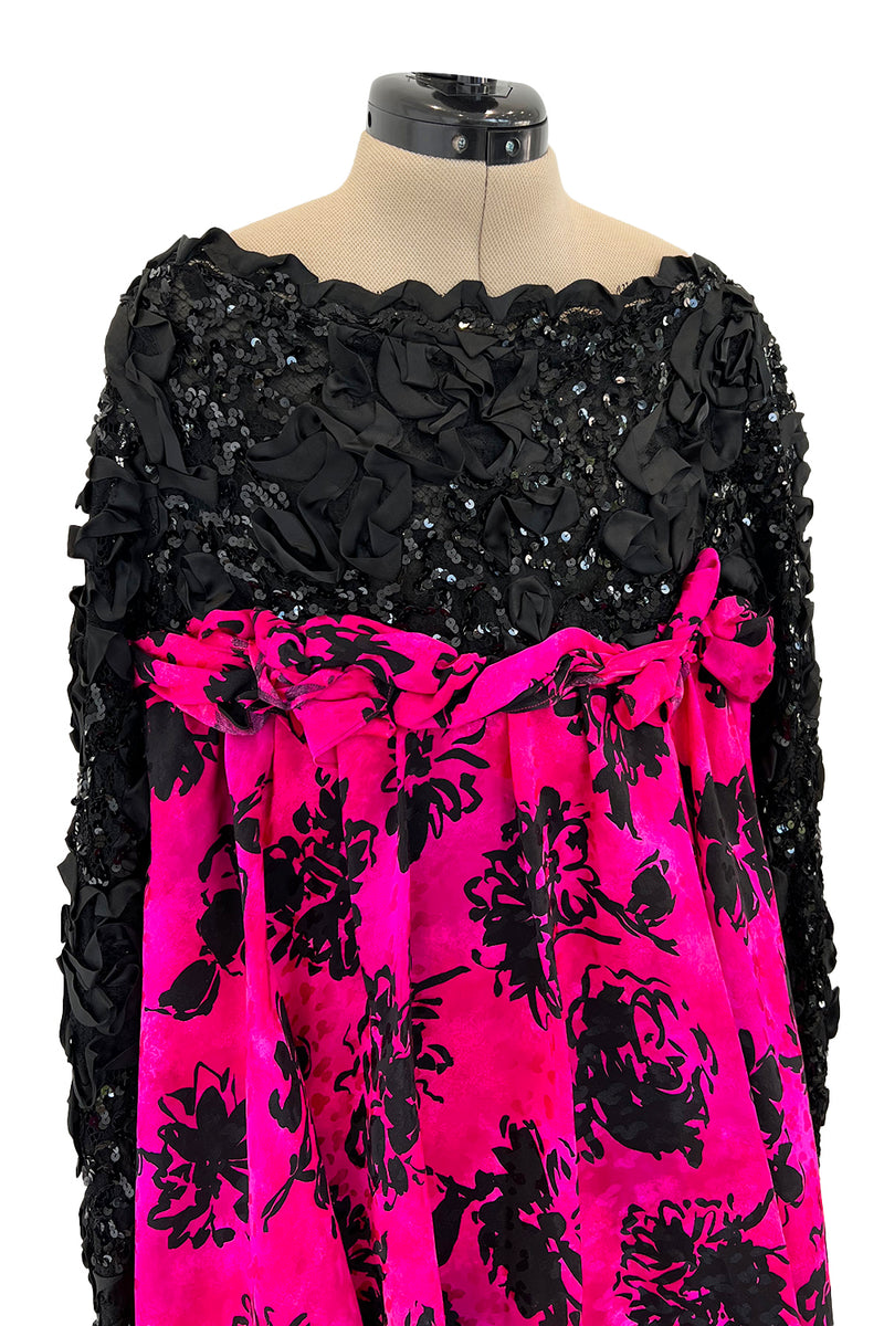 Dramatic Fall 1987 Yves Saint Laurent Runway Pink & Floral Silk Dress w Lace & Sequin Detail