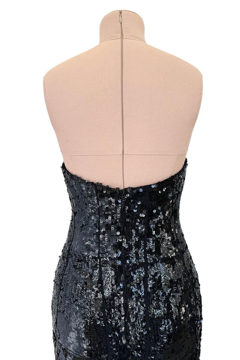 Incredible 1980s Bob Mackie Strapless Black Sequin Dress w Slight Train