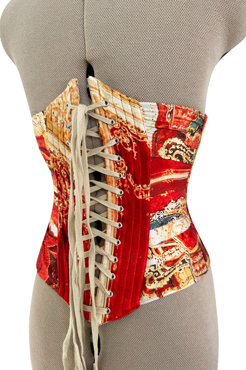 Amazing Spring 2003 Roberto Cavalli Printed Silk Lace Up Corset with Metal Stays & Hook Front