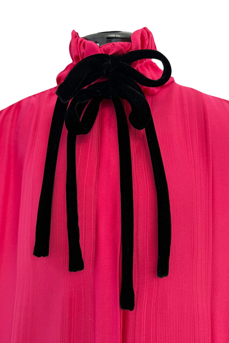 Prettiest 1970s Original Valentino Pink Silk Ruffle Top w Velvet Ties & Boxy Cut