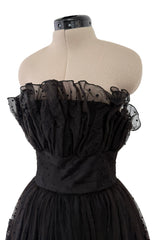 Prettiest 1960s Arnold Scaasi Black Strapless Dotted Net Dress w Flower Appliques